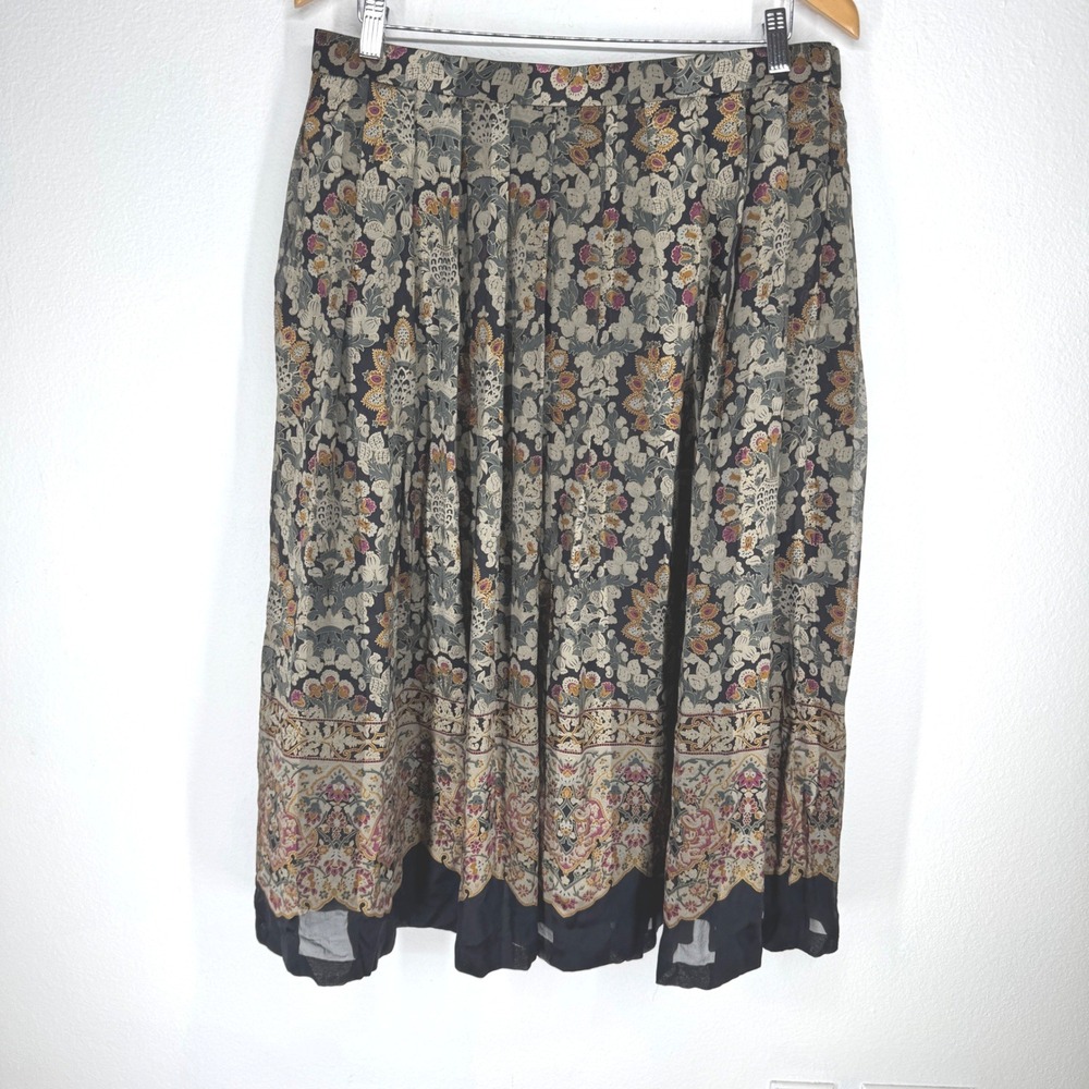 Vintage‎ 100% Silk Floral Paisley Pleated Midi Skirt Black Gold Boho Artsy Flowy